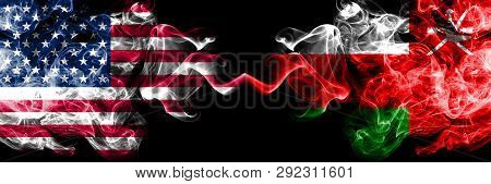 United States Of America Vs Oman, Omani Smoky Mystic Flags Placed Side By Side. Thick Colored Silky 