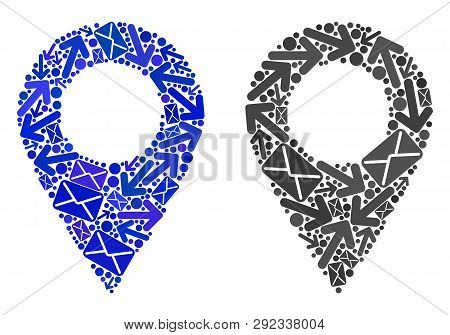Mail Map Marker Icon Mosaic Of Envelopes And Arrows With Blue Color. Abstract Vector Map Marker Illu