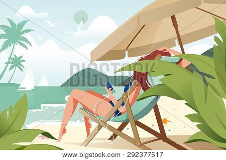 Flat Young Beauty Girl Relaxing With Music On Beach. Concept Woman Character With Mobile Phone And E