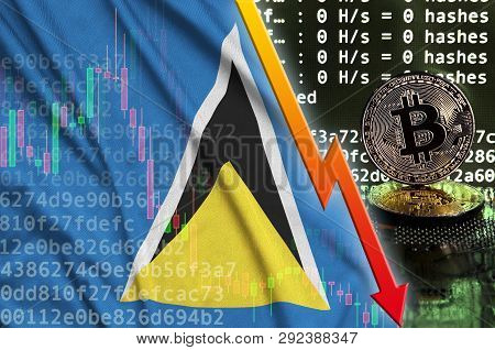 Saint Lucia Flag And Falling Red Arrow On Bitcoin Mining Screen And Two Physical Golden Bitcoins