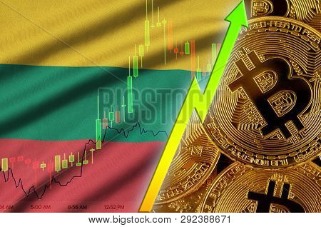 Lithuania Flag And Cryptocurrency Growing Trend With Many Golden Bitcoins