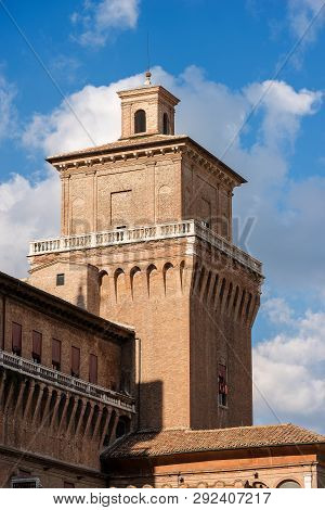 Detail Of Estense Castle Or Castle Of San Michele (1385) With The A Tower. Is A Moated Medieval Cast