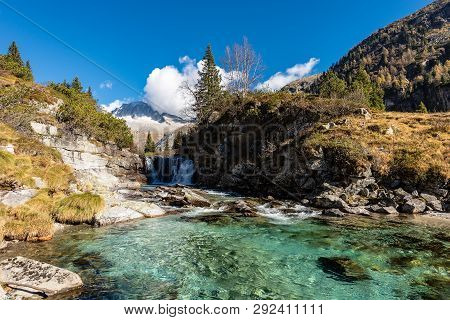 National Park Of Adamello Brenta With The Mountain Peak Of The Care Alto (3462 M) And Chiese River, 
