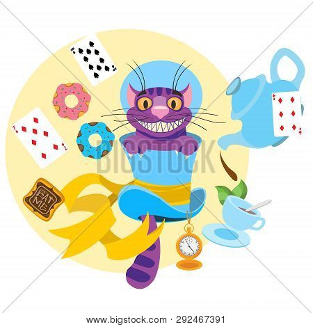 Cheshire Cat In A Hat And A Variety Of Treats For Tea. Illustration To The Fairy Tale Alices Adventu