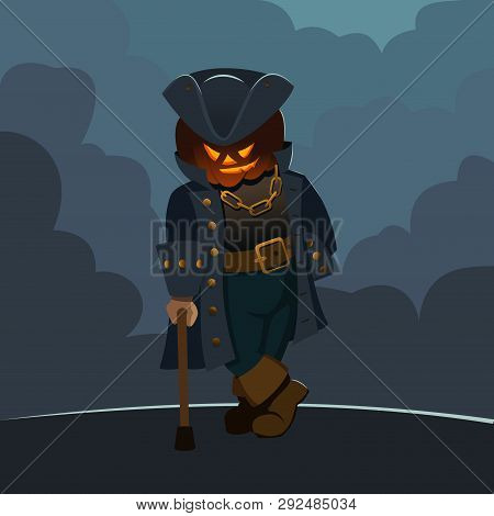 Character With A Pumpkin Head In A Pirate Suit With A Cane, Halloween