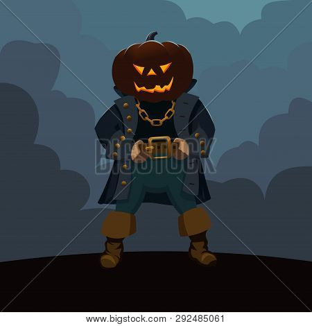 Character With A Head In The Form Of A Halloween Pumpkin In A Pirate Costume
