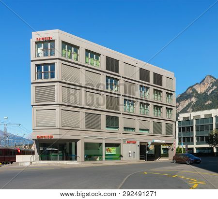 Chur, Switzerland - September 27, 2018: An Office Of The Raiffeisen Bank In The City Of Chur, Summit