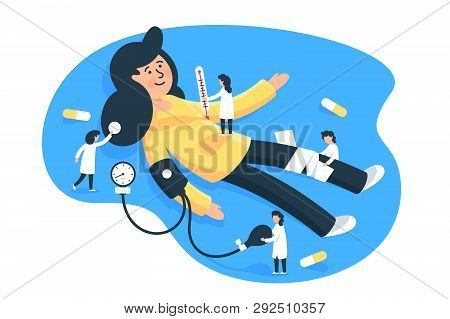 Flat Young Woman Patient With Little Man Doctors. Concept Isolated Characters With Pills, Thermomete