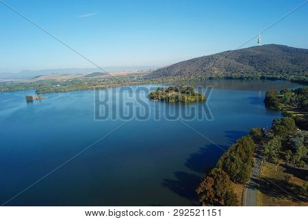 Panoramic View Of Canberra (australia) In Daytime, Featuring Lake Burley Griffin, Black Mountain And
