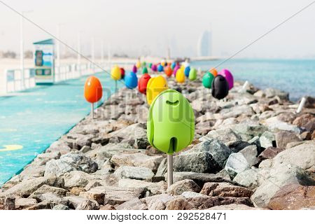 Beautiful Promenade, Colorful Chairs For Relaxing Kite Beach In Dubai