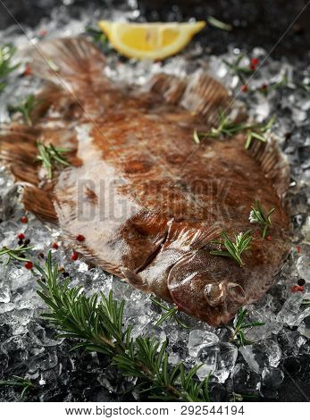 Raw Lemon Sole Fish On Ice With Herbs And Lemon Wedges