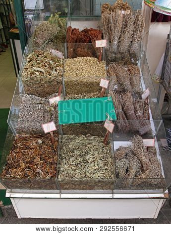Dried Greek Herbs And Spices In Bulk At Market Stall