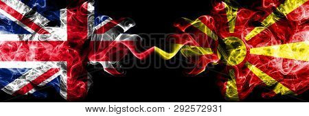 United Kingdom Vs Macedonia, Macedonian Smoky Mystic Flags Placed Side By Side. Thick Colored Silky 