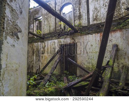 Abondoned Ruin Of Historical Villa House In Tropical Forest On Footpath Hiking Trail Near Furnas, Sa