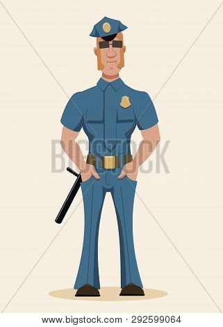 The Huge Policeman In Blue Uniform Standing