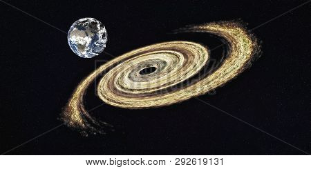 Planet Earth Near Giant Black Hole Somewhere In The Space. Elements Of This Image Were Furnished By 