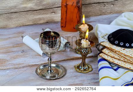 Close Up Of Eve Passover Jewish Passover Matzot And Tallit Bread On The Jewish Holiday.