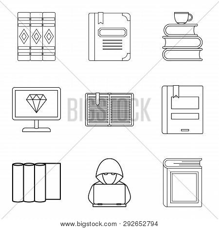 Work With Book Icons Set. Outline Set Of 9 Work With Book Icons For Web Isolated On White Background