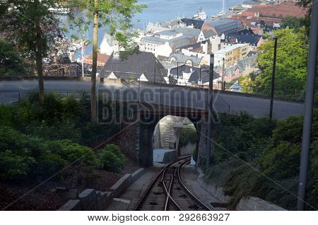 Floibanen funicular to Mt Floyen at Bergen City . June 26,2018. Bergen, Norway