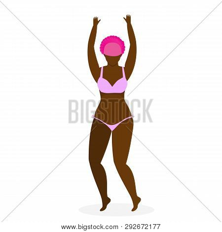 Happy Cheerful Afro Woman In Pink Bikini Jumping With Hands Up Isolated On White Background. Bodypos