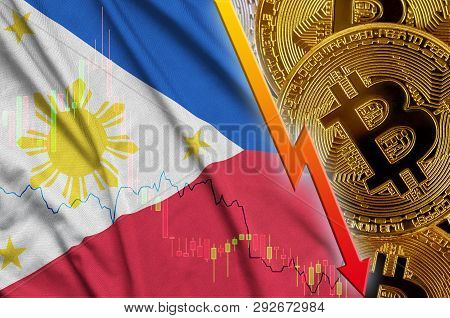 Philippines Flag And Cryptocurrency Falling Trend With Many Golden Bitcoins