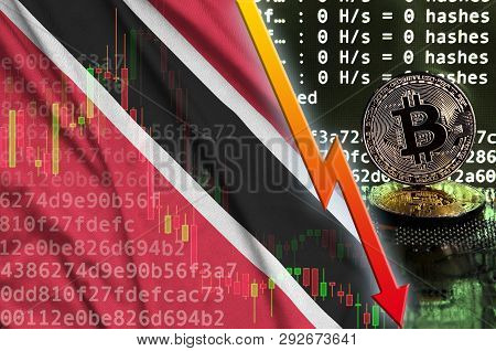 Trinidad And Tobago Flag And Falling Red Arrow On Bitcoin Mining Screen And Two Physical Golden Bitc