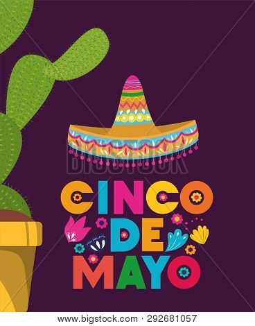 Cinco De Mayo Card With Cactus And Hat Vector Illustration Design
