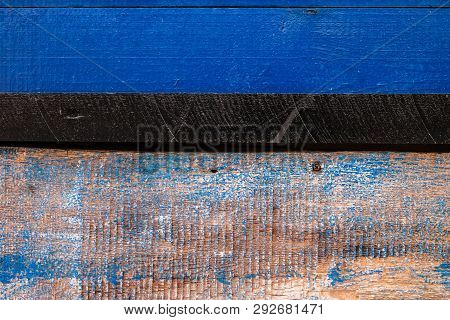 Derevyanny Old Textural Painted Colorful Background. Blue And Shabby Blue, Separated By A Black Boar