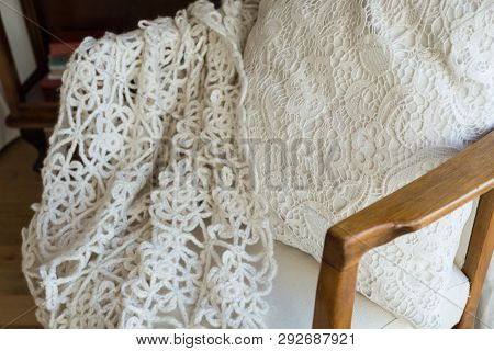 White Knitted Cover On The Chair. Retro