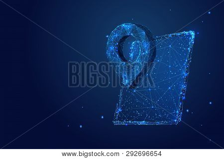 Pin On Tablet Screen Isolated From Low Poly Wireframe On White Background. Traveling And Technology.