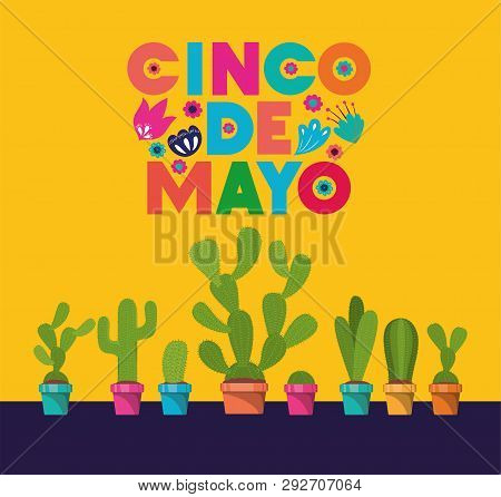 Cinco De Mayo Card With Flowers And Cactus Vector Illustration Design
