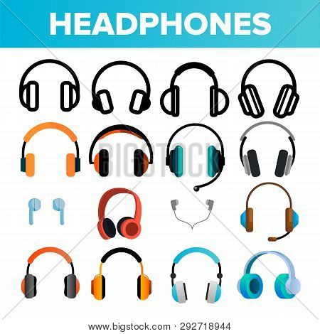 Headphones Icon Set Vector. Audio Stereo Headphones Icons. Volume Symbol. Listen Music. Acoustic Acc
