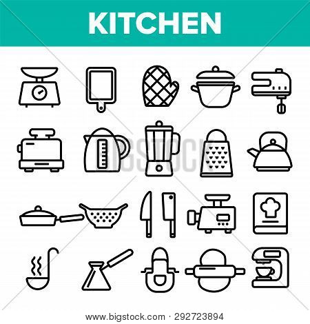 Kitchenware Line Icon Set Vector. Home Kitchen Tools Symbol. Classic Kitchenware Cooking Icons. Thin