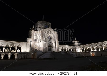 Milan, Lombardy, Italy: Exterior Of The Historic Cemetery Known As Cimitero Monumentale By Night