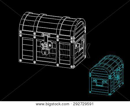 Closed Wooden Chest. Vector Outline Illustration. Dimetric Projection.