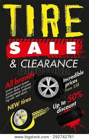 Vector Tire Sale Out Banner Template. Grunge Tire Tracks Background For Vertical Poster, Digital Ban