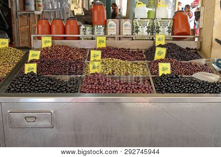 Thessaloniki, Greece - July 01, 2011: Pickled Olives And Greek Oil At Modiano Farmers Market In Thes