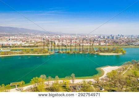 Zagreb, Croatia, Jarun Lake, Beautiful Green Recreation Park Area, Sunny Spring Day, Panoramic View 