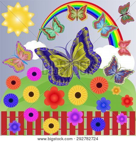 Summer Sunny Day With A Rainbow, Clouds, Butterflies And Flowers. Vector Illustration.