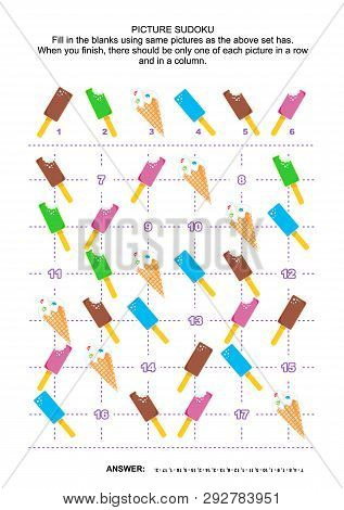 Picture Sudoku Puzzle 6x6 (one Block) With Colorful Ice Cream Popsicles And Cones. Answer Included.