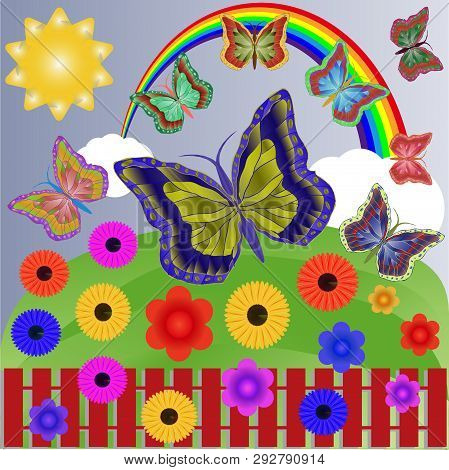 Summer Sunny Day With A Rainbow, Clouds, Butterflies And Flowers. Vector Illustration.
