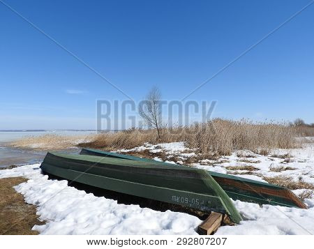 Boat In Winter On The Shores Of Lake Pleshcheyevo, Pereslavl Zalessky, Yaroslavl Region, Russia On A