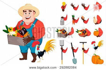 Fat Farmer, Agronomist. Funny Gardener Man Cartoon Character Creation Set. Pack Of Body Parts And Th
