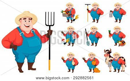 Fat Farmer, Agronomist, Set Of Ten Poses. Funny Gardener Man Cartoon Character. Vector Illustration