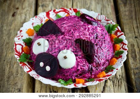 Russian Herring Under Fur Coat Salad Or Dressed Herring Shaped Funny Pink Pig For Easter Lunch