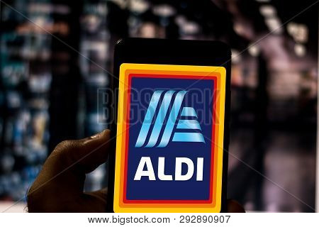 April 1, 2019, Brazil. Aldi Logo On The Mobile Device. Aldi Is A German Multinational, One Of The La