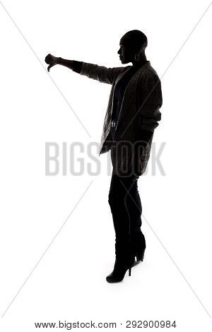 Black Female African American Model Silhouette On A White Background.  She Is Holding Thumbs Down In