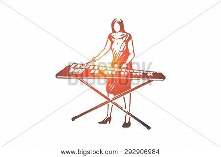Vibraphone, Music, Woman, Instrument, Play Concept. Hand Drawn Female Musician Playing On Vibraphone