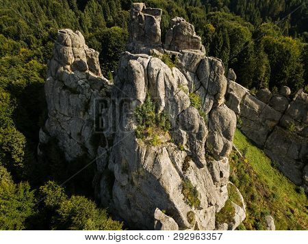 Famous Ukranian Landscape - Aerial View To Tustan Fortress In Urych At Morning, Ukraine, Carpathian 