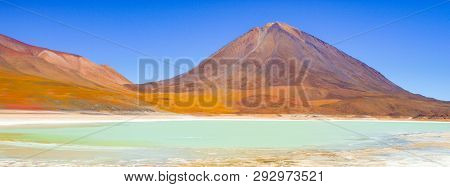 Licancabur Volcano And Green Lagoon, Lagune Verde, Border Between Chile And Bolivia, South America